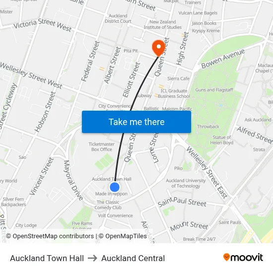 Auckland Town Hall to Auckland Central map