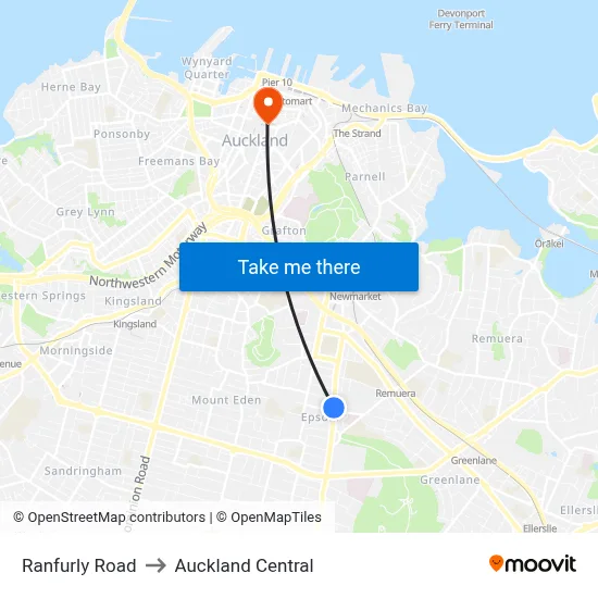 Ranfurly Road to Auckland Central map