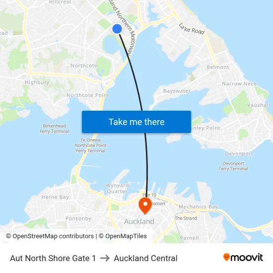 Aut North Shore Gate 1 to Auckland Central map