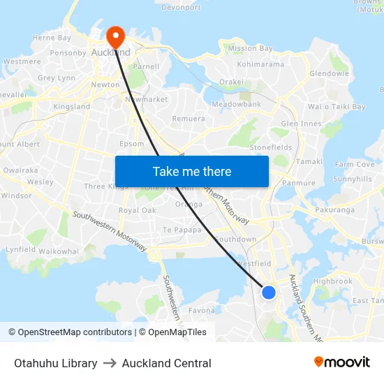 Otahuhu Library to Auckland Central map