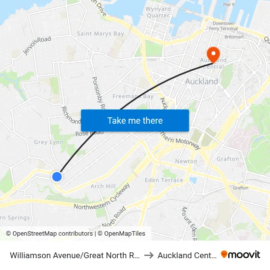 Williamson Avenue/Great North Road to Auckland Central map