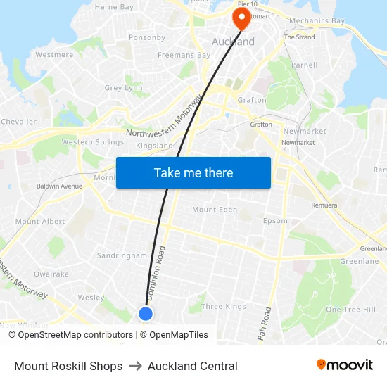 Mount Roskill Shops to Auckland Central map