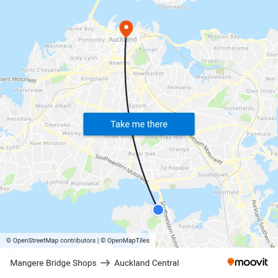 Mangere Bridge Shops to Auckland Central map