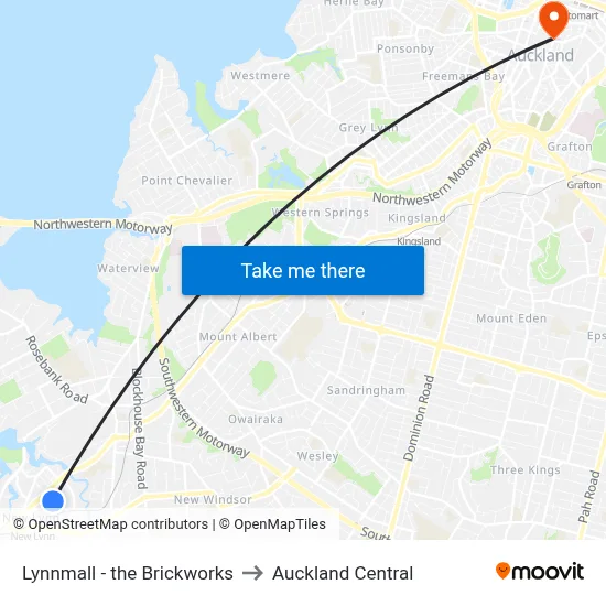 Lynnmall - the Brickworks to Auckland Central map
