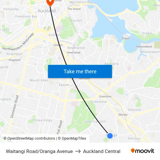 Waitangi Road/Oranga Avenue to Auckland Central map