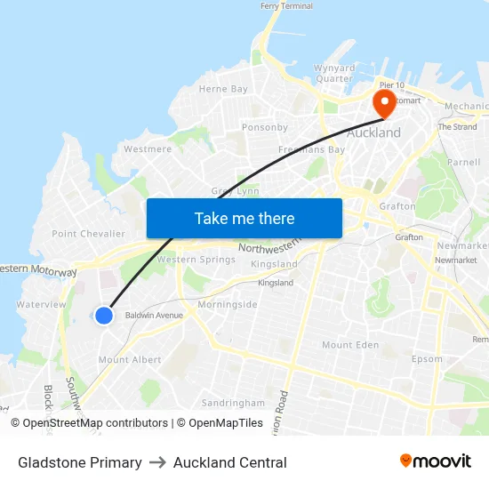 Gladstone Primary to Auckland Central map