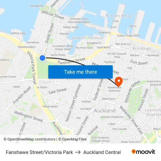 Fanshawe Street/Victoria Park to Auckland Central map