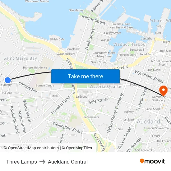 Three Lamps to Auckland Central map