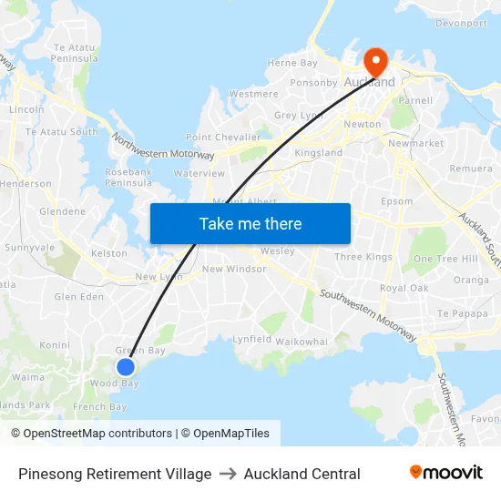 Pinesong Retirement Village to Auckland Central map