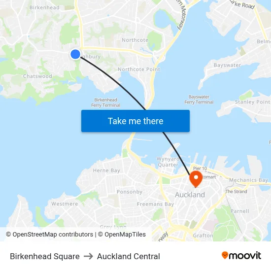 Birkenhead Square to Auckland Central map