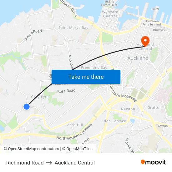 Richmond Road to Auckland Central map