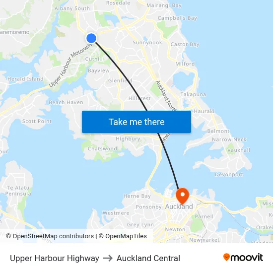 Upper Harbour Highway to Auckland Central map