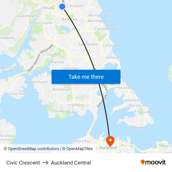 Civic Crescent to Auckland Central map