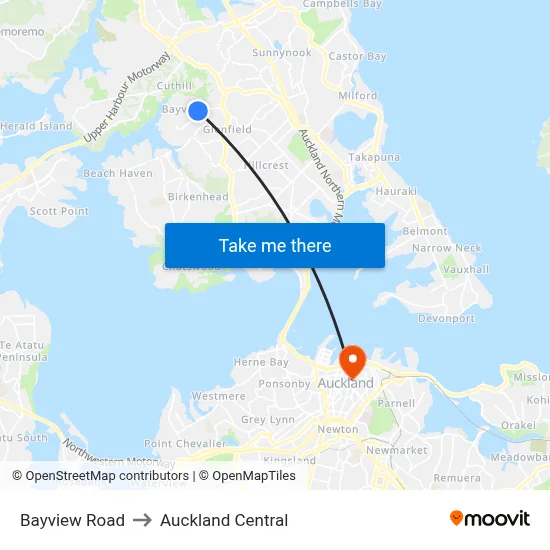 Bayview Road to Auckland Central map
