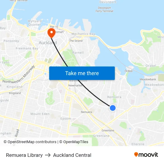 Remuera Library to Auckland Central map