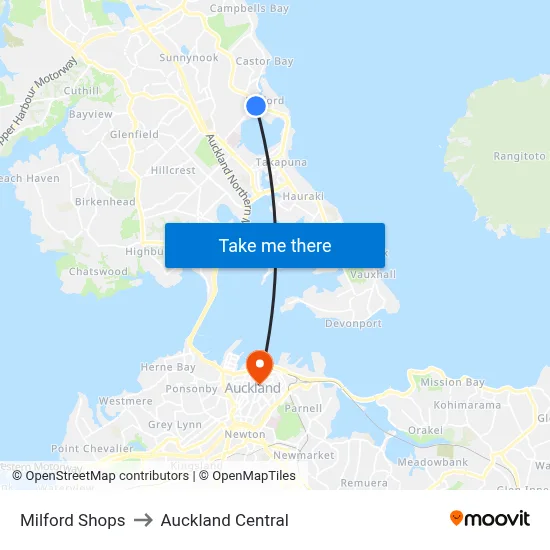 Milford Shops to Auckland Central map