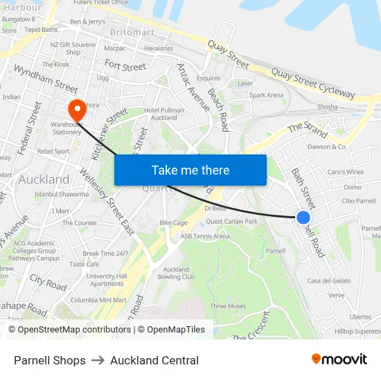 Parnell Shops to Auckland Central map