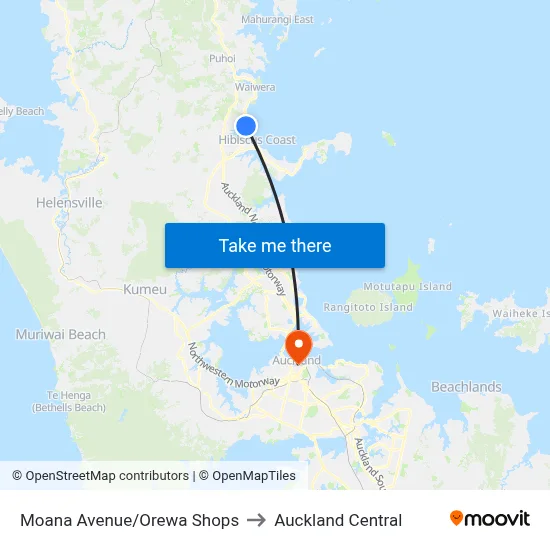 Moana Avenue/Orewa Shops to Auckland Central map