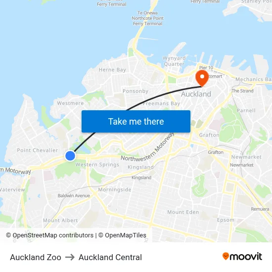 Auckland Zoo to Auckland Central map