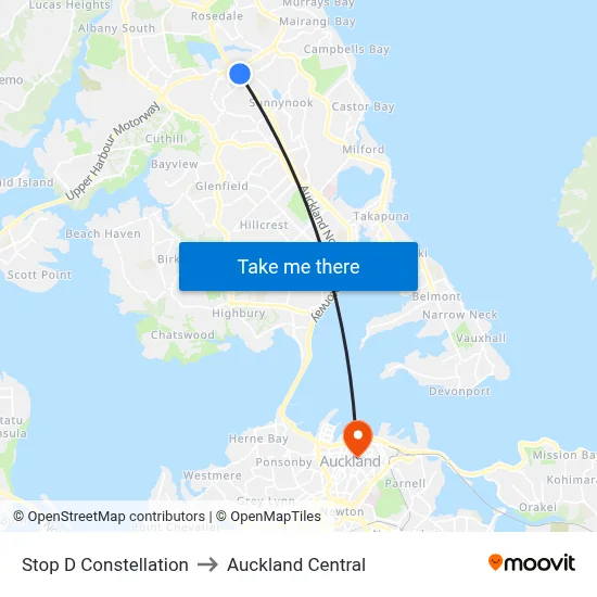 Stop D Constellation to Auckland Central map