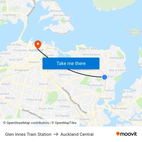 Glen Innes Train Station to Auckland Central map