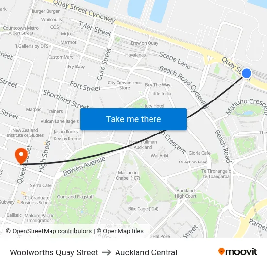 Woolworths Quay Street to Auckland Central map