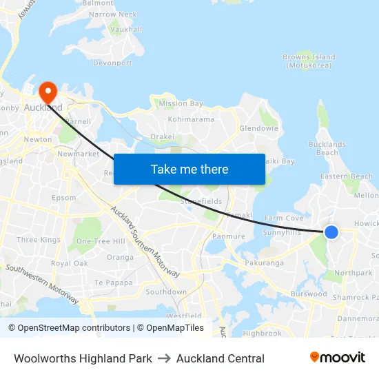 Woolworths Highland Park to Auckland Central map