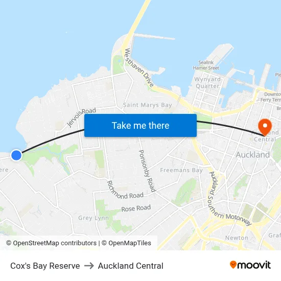 Cox's Bay Reserve to Auckland Central map