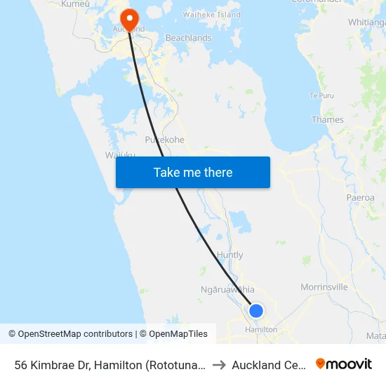 56 Kimbrae Dr, Hamilton (Rototuna Highs) to Auckland Central map