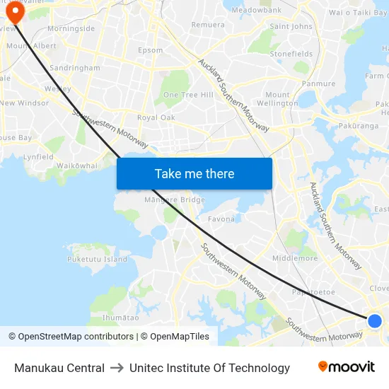 Manukau Central to Unitec Institute Of Technology map