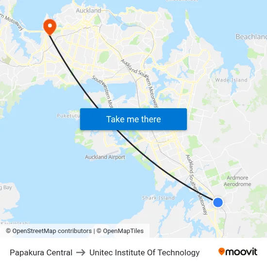 Papakura Central to Unitec Institute Of Technology map