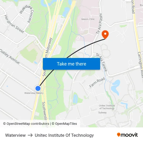 Waterview to Unitec Institute Of Technology map