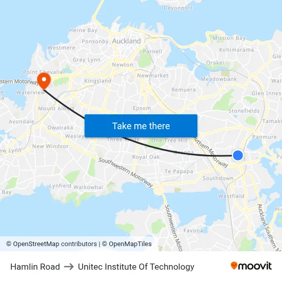 Hamlin Road to Unitec Institute Of Technology map