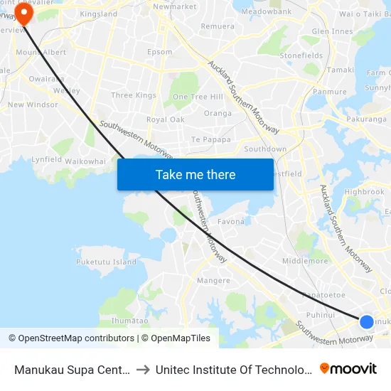 Manukau Supa Centre to Unitec Institute Of Technology map