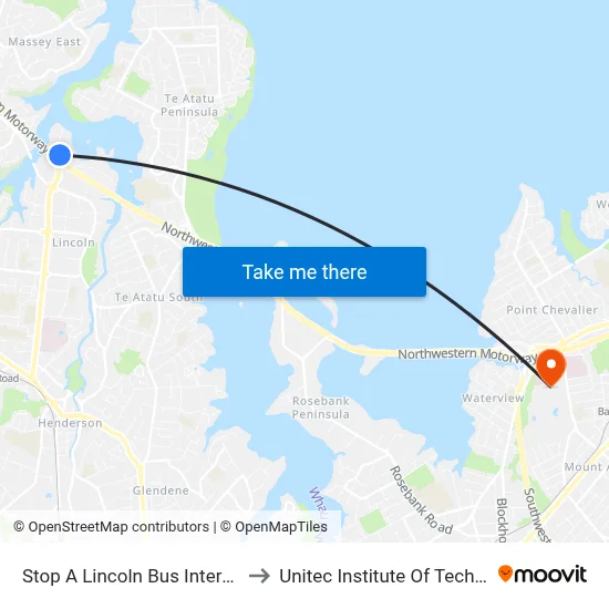 Stop A Lincoln Bus Interchange to Unitec Institute Of Technology map