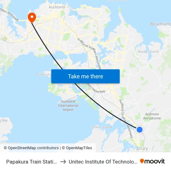 Papakura Train Station to Unitec Institute Of Technology map