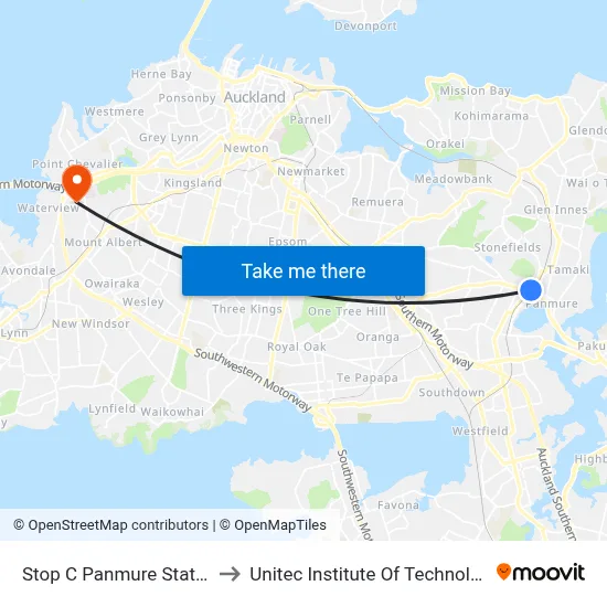 Stop C Panmure Station to Unitec Institute Of Technology map