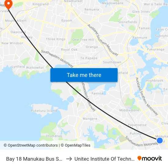 Bay 18 Manukau Bus Station to Unitec Institute Of Technology map