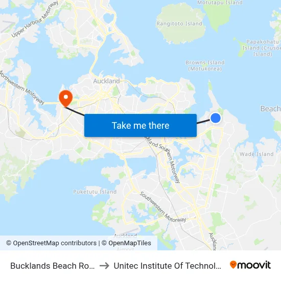 Bucklands Beach Road to Unitec Institute Of Technology map