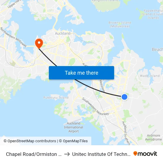 Chapel Road/Ormiston Road to Unitec Institute Of Technology map