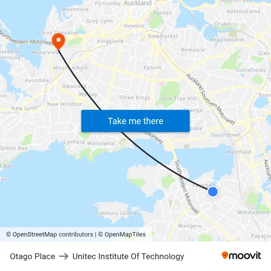 Otago Place to Unitec Institute Of Technology map