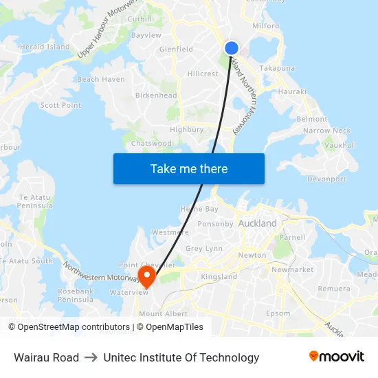 Wairau Road to Unitec Institute Of Technology map