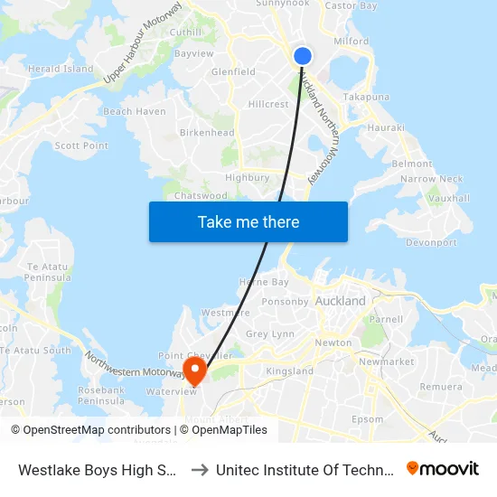 Westlake Boys High School to Unitec Institute Of Technology map