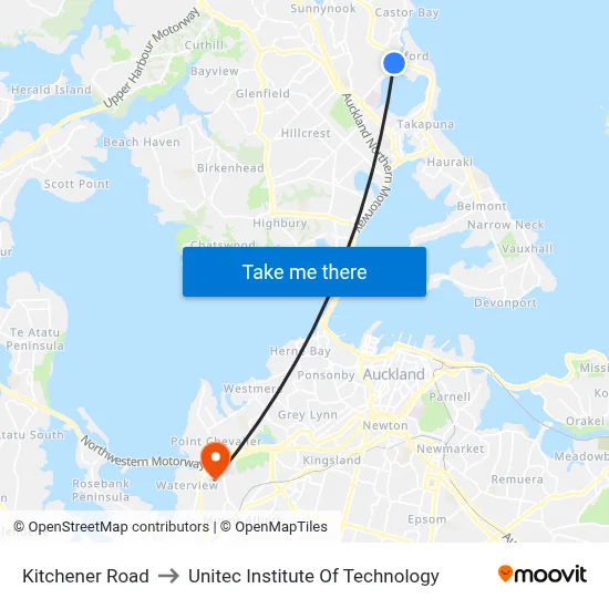 Kitchener Road to Unitec Institute Of Technology map