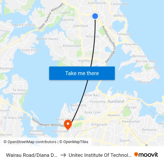 Wairau Road/Diana Drive to Unitec Institute Of Technology map