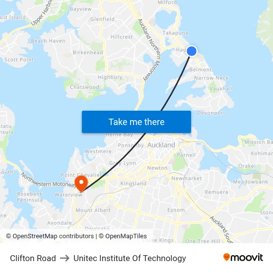 Clifton Road to Unitec Institute Of Technology map