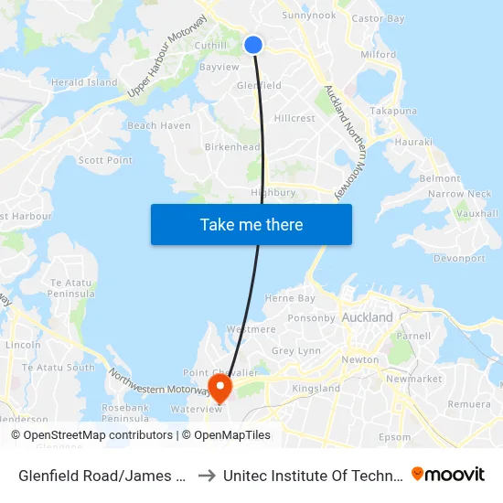 Glenfield Road/James Street to Unitec Institute Of Technology map