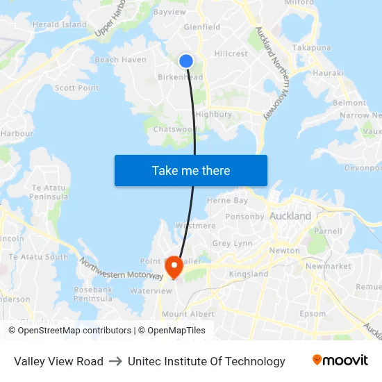 Valley View Road to Unitec Institute Of Technology map