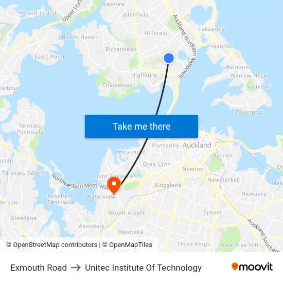 Exmouth Road to Unitec Institute Of Technology map