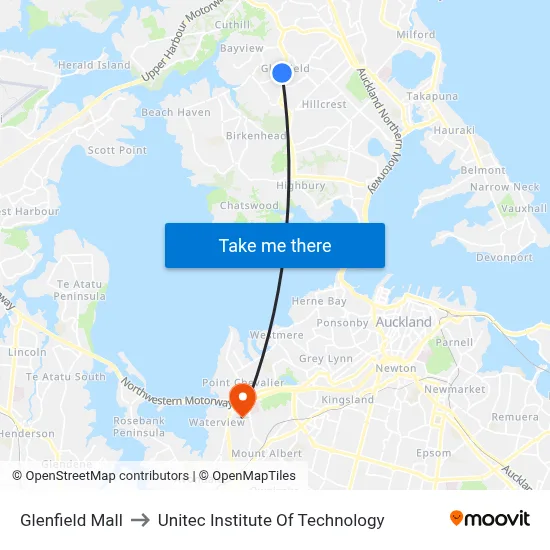 Glenfield Mall to Unitec Institute Of Technology map